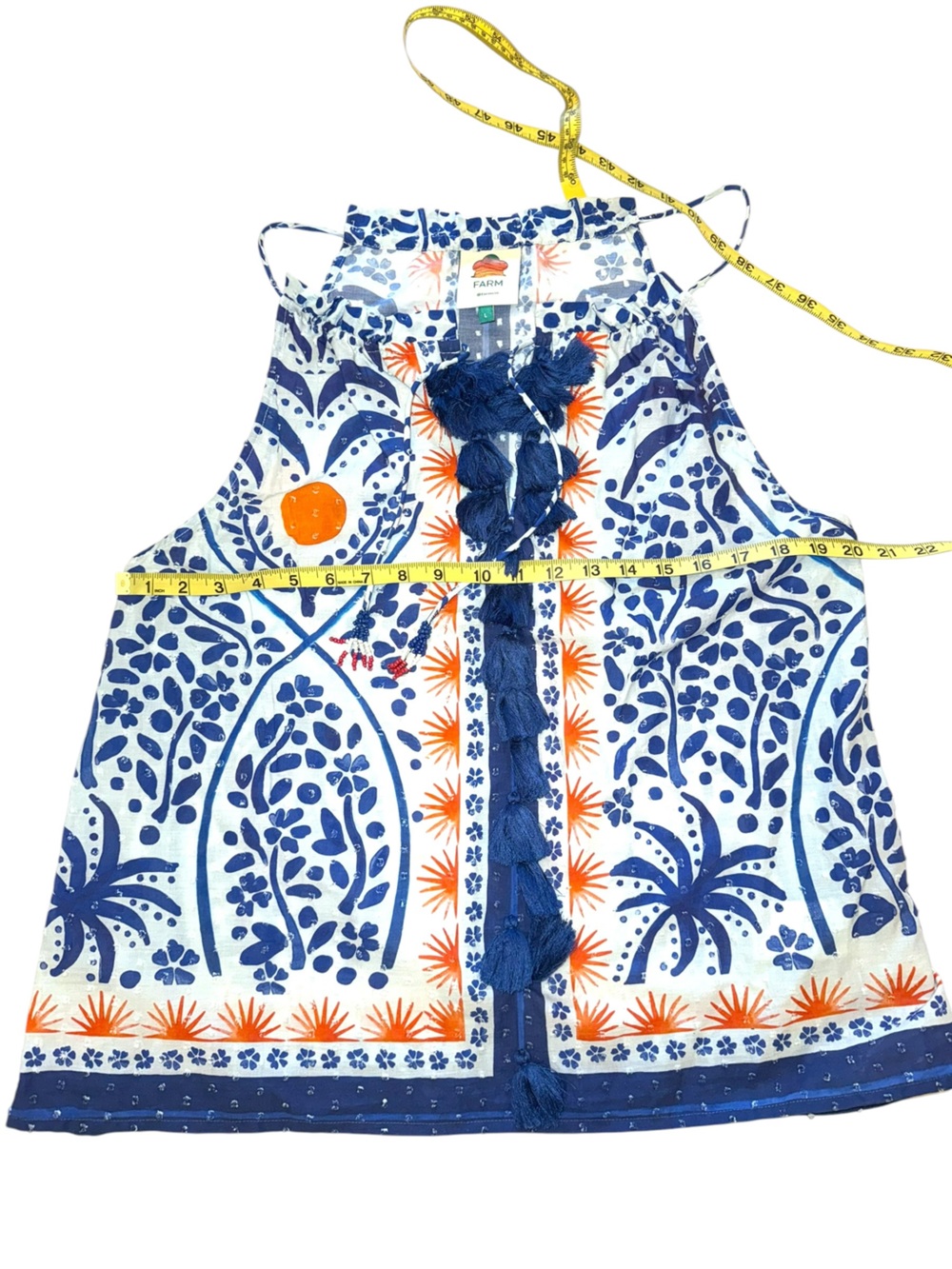 Farm Rio Boho Afternoon Breeze Sleeveless Cotton Blouse with Tassels Sz L - Picture 3 of 9